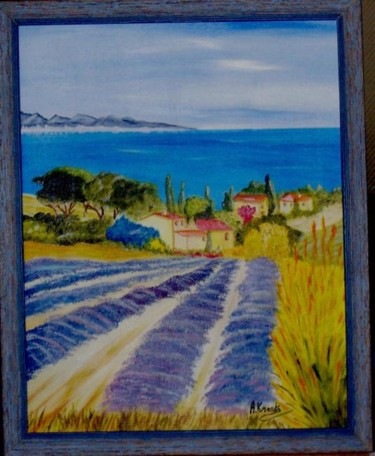 Painting titled "LAVANDES VUE SUR MER" by Annick Krneta, Original Artwork, Oil