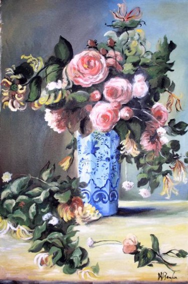 Peinture intitulée "rose dans un vase c…" par Kromka, Œuvre d'art originale