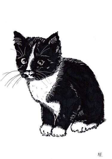 Dessin intitulée "Mon chaton, "blacki…" par Krughoff, Œuvre d'art originale, Stylo à bille
