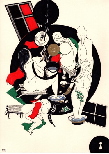 「Dans le bain russe)」というタイトルの描画 Krughoffによって, オリジナルのアートワーク, インク