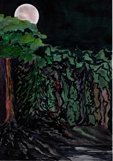 Rysunek zatytułowany „Paysage forestier d…” autorstwa Krughoff, Oryginalna praca, Atrament