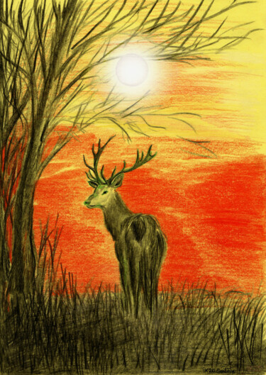 Peinture intitulée "Hjort i skogen" par Krughoff, Œuvre d'art originale, Crayon