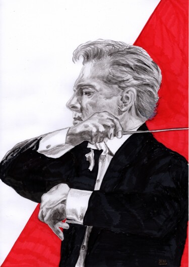 Painting titled "Herbert von Karajan" by Krughoff, Original Artwork, Pencil