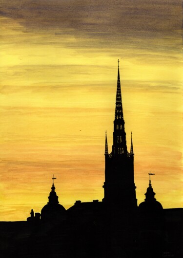 Peinture intitulée "Riddarholmskyrkan,…" par Krughoff, Œuvre d'art originale, Encre