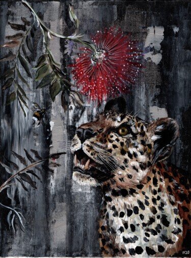 Painting titled "Leopard and Albizia" by Krughoff, Original Artwork, Acrylic