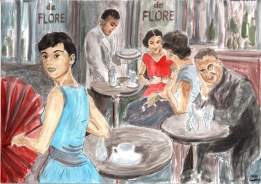 Painting titled "Café de Flore, Paris" by Krughoff, Original Artwork, Gouache
