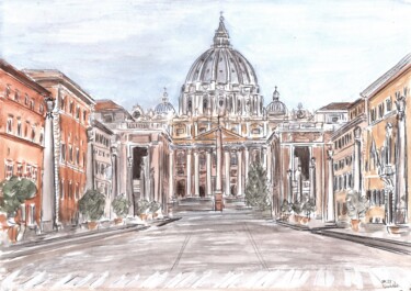 Painting titled "Roma, via della Con…" by Krughoff, Original Artwork, Gouache