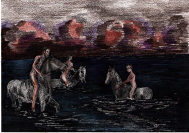 Картина под названием "Bathing of a  Horses" - Krughoff, Подлинное произведение искусства, Карандаш