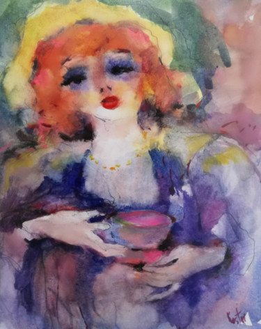 Painting titled "Female portrait" by Krum Kostov, Original Artwork, Watercolor