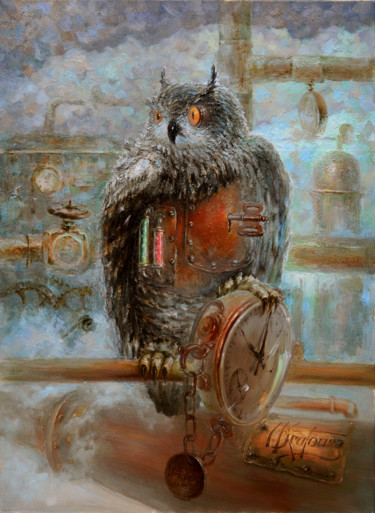 Painting titled ""Mechanical owl"" by Dmitry Krutous, Original Artwork, Oil