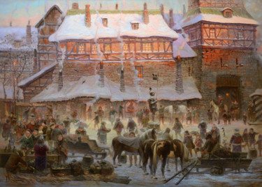 Картина под названием ""Утро на рыночной п…" - Dmitry Krutous, Подлинное произведение искусства, Масло Установлен на Деревян…