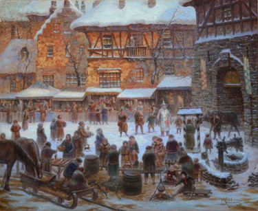 Peinture intitulée ""Утро на рыночной п…" par Dmitry Krutous, Œuvre d'art originale, Huile Monté sur Châssis en bois