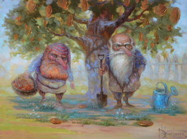 Peinture intitulée ""Садовники"" par Dmitry Krutous, Œuvre d'art originale, Huile Monté sur Châssis en bois