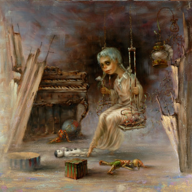 Painting titled ""Девочка с голубыми…" by Dmitry Krutous, Original Artwork, Oil Mounted on Wood Stretcher frame