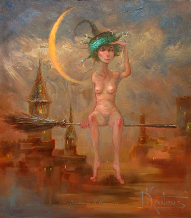 Painting titled ""Зеленая ведьмочка"" by Dmitry Krutous, Original Artwork, Oil