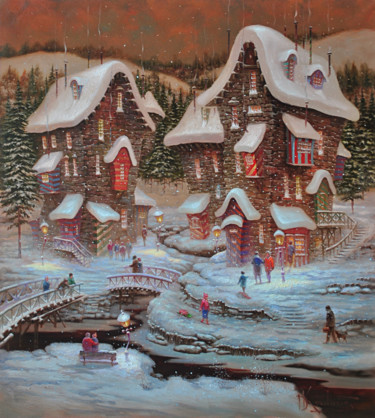 Pittura intitolato ""Полосатая зима"" da Dmitry Krutous, Opera d'arte originale, Olio Montato su Telaio per barella in legno