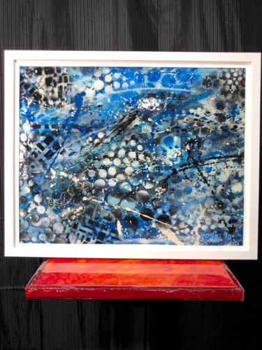 Malerei mit dem Titel "Abstract Blue" von Krystali Art Design, Original-Kunstwerk, Sprühfarbe Auf Keilrahmen aus Holz montie…