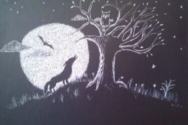 Drawing titled "under the moon" by Krystian, Original Artwork, Scratchboard