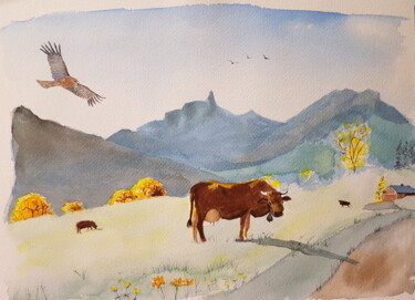 Painting titled "Cow in Valmo" by Krystian, Original Artwork, Watercolor