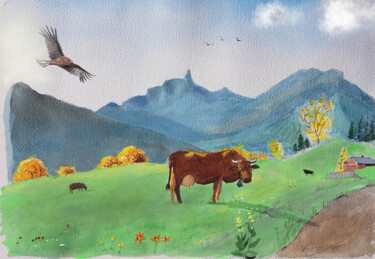 Painting titled "Cow in Valmo 2" by Krystian, Original Artwork, Watercolor
