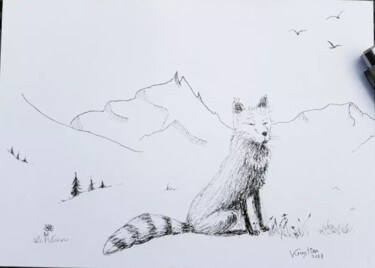 Drawing titled "Valmofox" by Krystian, Original Artwork, Ink Mounted on Metal