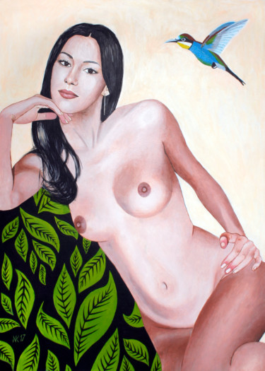 Painting titled "Naked woman with bi…" by Krystian Nachman, Original Artwork, Acrylic