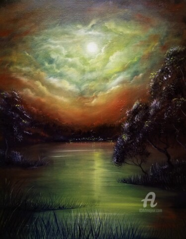 Painting titled "Lake" by Krystian Kaplon, Original Artwork, Oil