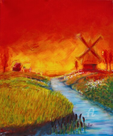 Painting titled "Windmill" by Krystian Kaplon, Original Artwork, Acrylic