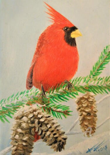 Peinture intitulée "Red Cardinal Bird" par Krystian Kaplon, Œuvre d'art originale, Huile