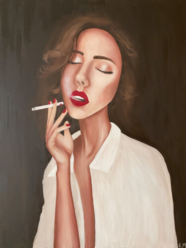 Painting titled "JULIE FUME" by Kristina Malashchenko, Original Artwork, Oil Mounted on Wood Stretcher frame