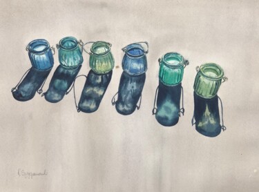 Painting titled "Blue and green refl…" by Krystyna Szczepanowski, Original Artwork, Watercolor