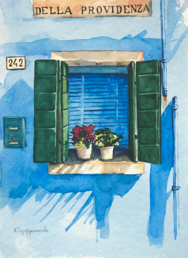 Painting titled "Burano blue window" by Krystyna Szczepanowski, Original Artwork, Watercolor