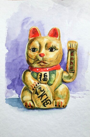 Painting titled "Chinese cat" by Krystyna Szczepanowski, Original Artwork, Watercolor
