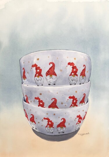 Malerei mit dem Titel "Christmas bowls" von Krystyna Szczepanowski, Original-Kunstwerk, Aquarell