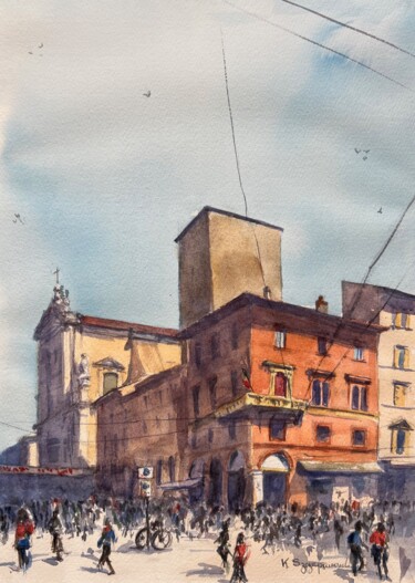 Painting titled "Street scene Bologna" by Krystyna Szczepanowski, Original Artwork, Watercolor