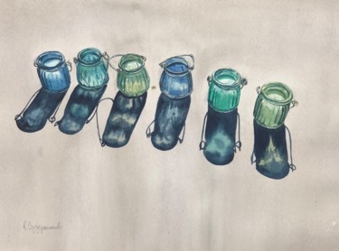 Картина под названием "Blue and green refl…" - Krystyna Szczepanowski, Подлинное произведение искусства, Акварель
