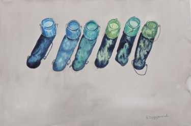 Painting titled "Blue and green refl…" by Krystyna Szczepanowski, Original Artwork, Watercolor