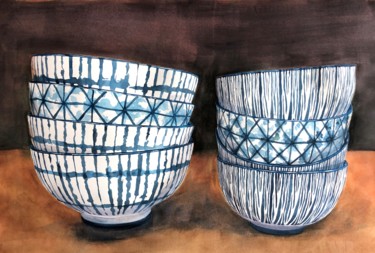 Schilderij getiteld "Blue Bowls" door Krystyna Szczepanowski, Origineel Kunstwerk, Aquarel