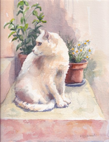 Painting titled "Contemplating Cat" by Krystyna Szczepanowski, Original Artwork, Watercolor