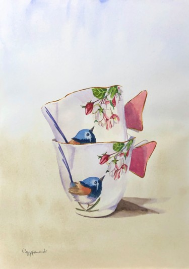 Schilderij getiteld "Two fancy cups" door Krystyna Szczepanowski, Origineel Kunstwerk, Aquarel