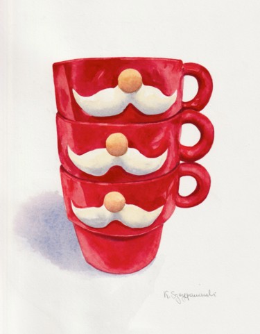 Pintura intitulada "Christmas mugs" por Krystyna Szczepanowski, Obras de arte originais, Aquarela