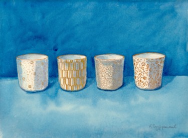 Painting titled "Golden sake cups" by Krystyna Szczepanowski, Original Artwork, Watercolor