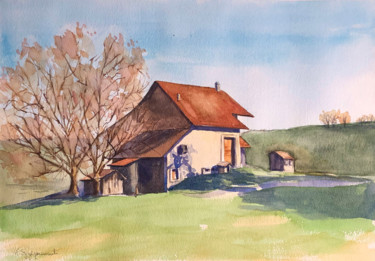Painting titled "The farm in Aubonne" by Krystyna Szczepanowski, Original Artwork, Watercolor