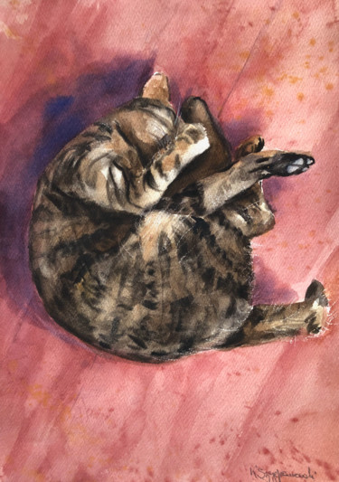Painting titled "Sleeping cat" by Krystyna Szczepanowski, Original Artwork, Watercolor