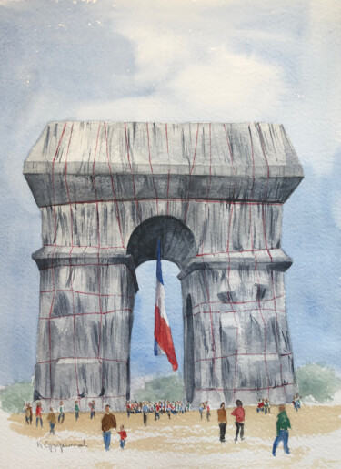 Painting titled "The wrapped Arc du…" by Krystyna Szczepanowski, Original Artwork, Watercolor
