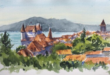 Malerei mit dem Titel "View of Nyon, Switz…" von Krystyna Szczepanowski, Original-Kunstwerk, Aquarell