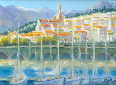 Peinture intitulée "Vieux port de Menton" par Umiastowska Krystyna, Œuvre d'art originale, Huile
