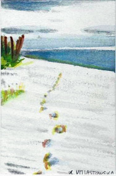 Pintura titulada "Des pas sur le sable" por Umiastowska Krystyna, Obra de arte original, Acuarela