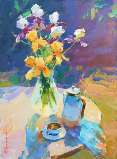 「Bouquet of Irises」というタイトルの絵画 Aleksander Kryushynによって, オリジナルのアートワーク, オイル ウッドストレッチャーフレームにマウント