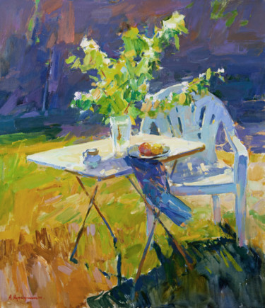 Painting titled "Jasmine Morning" by Aleksander Kryushyn, Original Artwork, Oil Mounted on Wood Stretcher frame